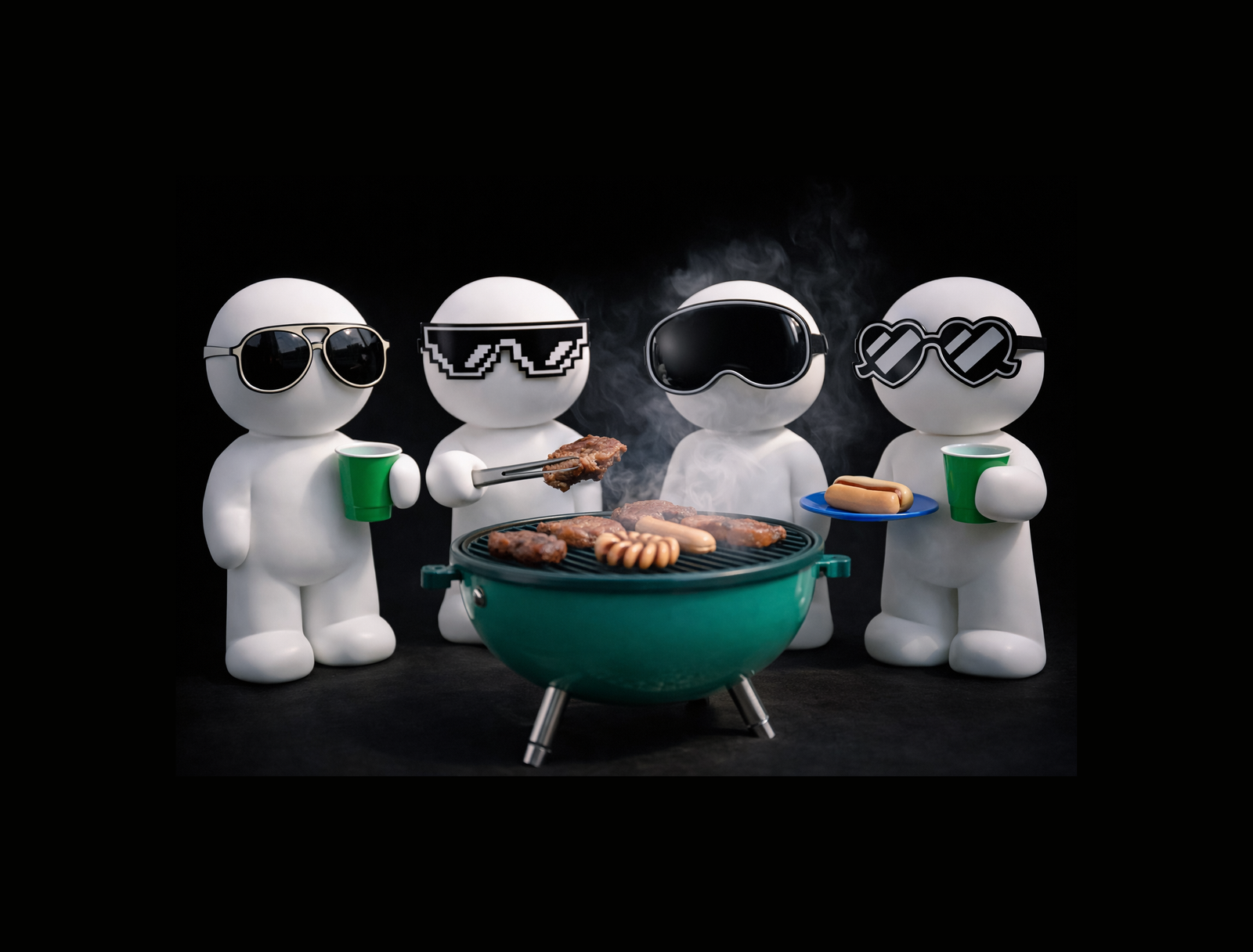 Stylish figures grilling food together