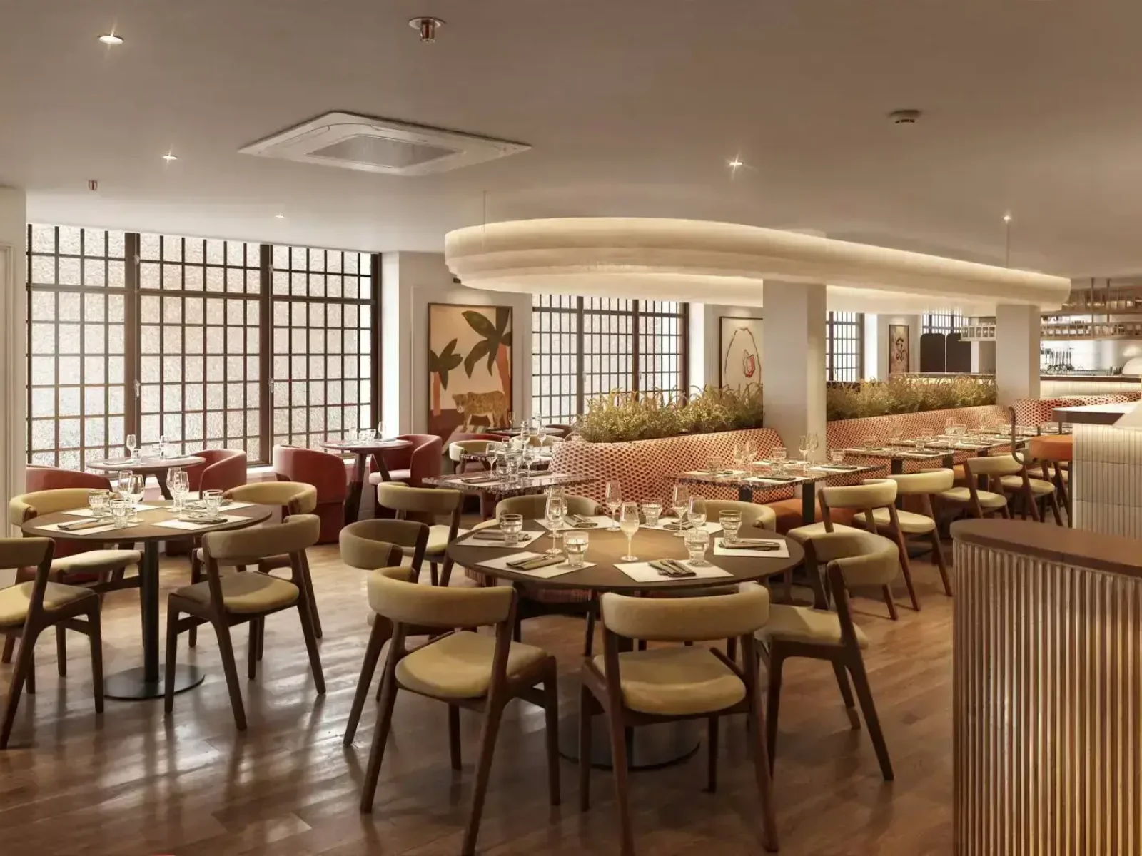 Modern restaurant with elegant wooden decor.