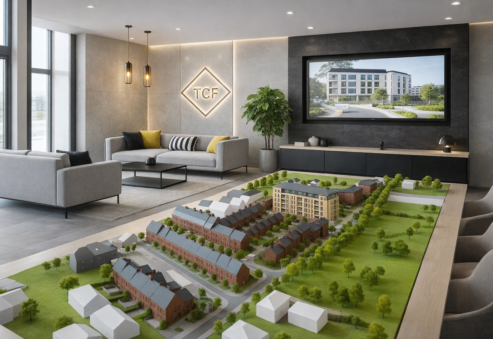 Modern office with architectural model